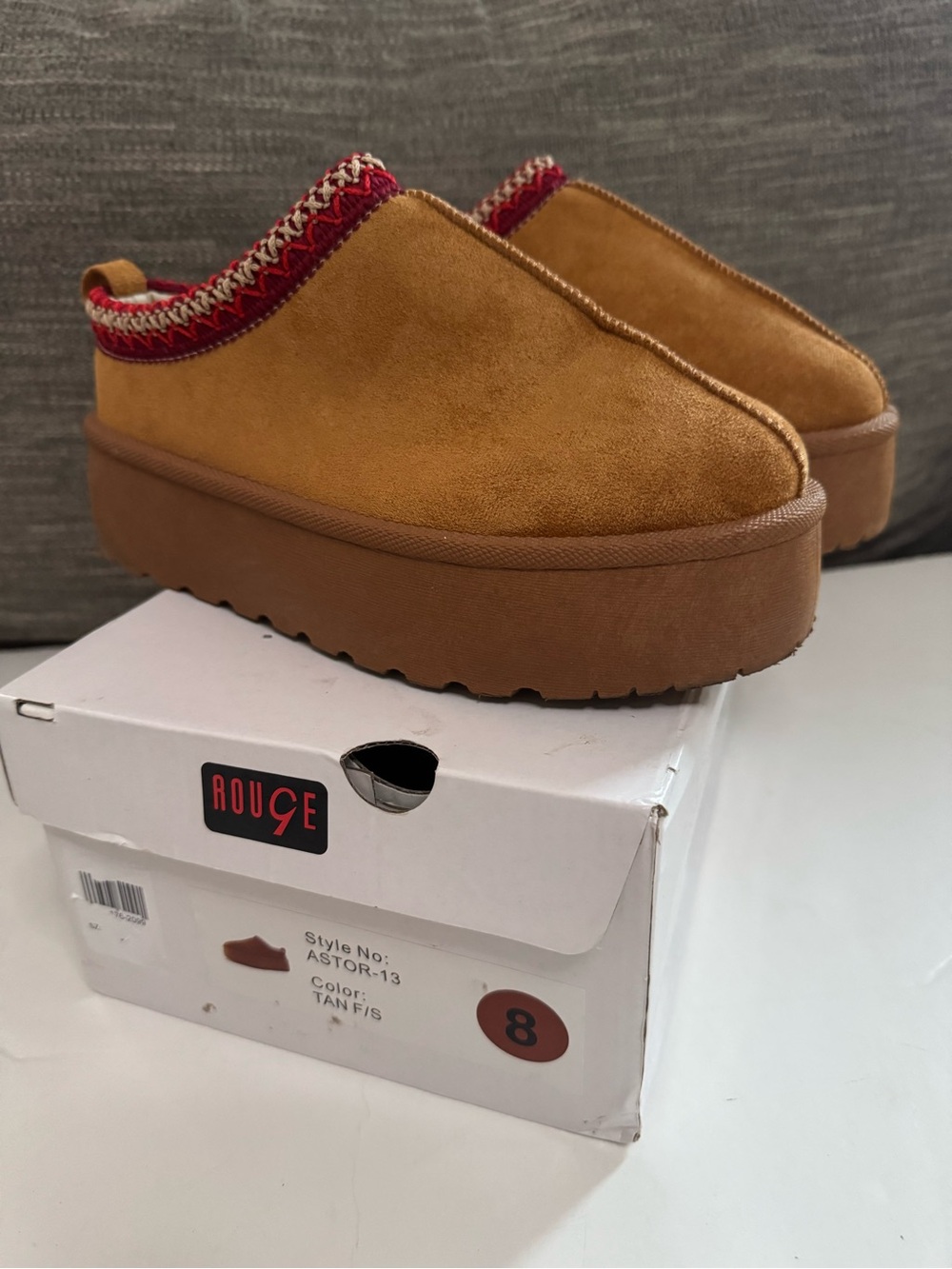 Rouge! Tan Platform Slip-On Mules with Red Trim